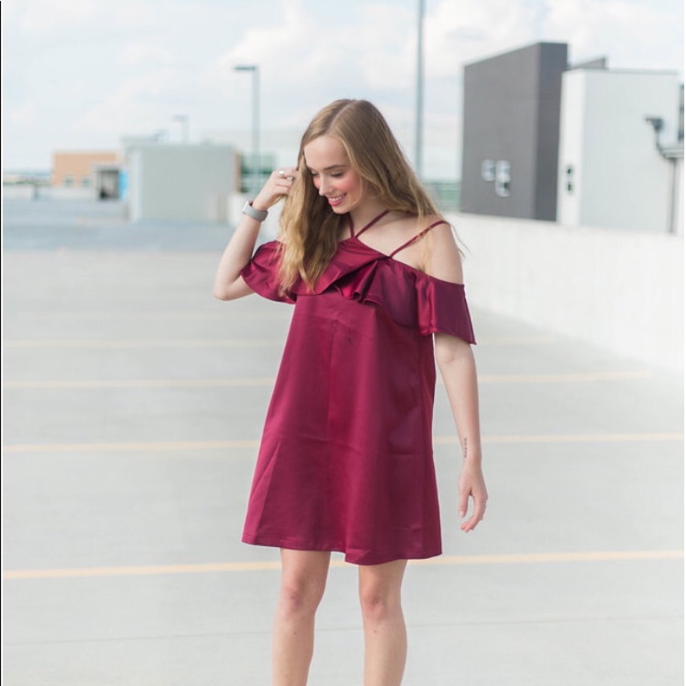 Red satin like off the shoulder dress